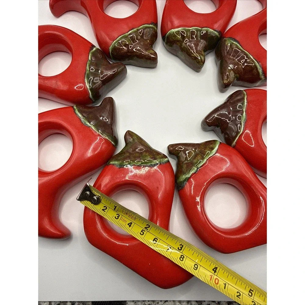 Red Chili Peppers Napkin Rings Set of 8 Ceramic Porcelain 3x3.5